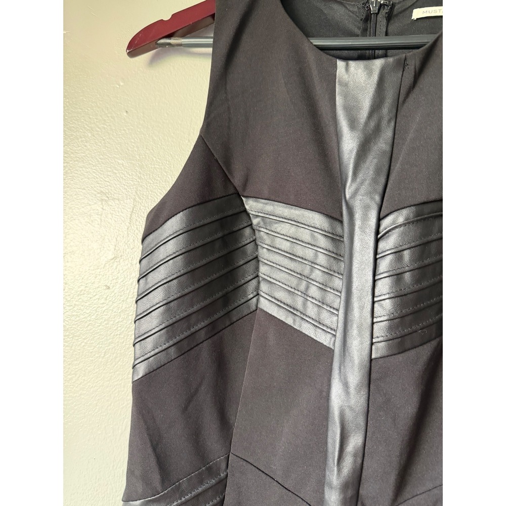 Mustard Seed Womens Black Faux Leather Trim Sleeveless Bodycon Mini Dress Size M - Picture 3 of 4